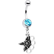 Aqua CZ Gem Badass Brass Knuckles Dangle Belly Ring