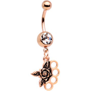 Clear CZ Gem Rose Gold Plated Badass Brass Knuckles Dangle Belly Ring