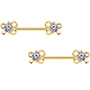 Clear CZ Gem Gold Tone All Tied Up Barbell Nipple Ring Set