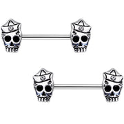 Clear CZ Gem First Mate Skull Barbell Nipple Ring Set