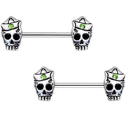 Green CZ Gem First Mate Skull Barbell Nipple Ring Set
