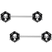 14G 9/16 Clear Gem Skull Rose Flower Barbell Nipple Ring Set
