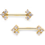 14G 9/16 Set of Clear CZ Gem Gold Tone Trifecta Barbell Nipple Ring