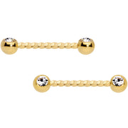 14G 5/8 Clear Gem Gold Tone Twisted Barbell Nipple Ring Set