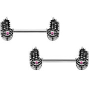 14G 9/16 Pink Gem Hamsa Hand Barbell Nipple Ring Set