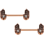 9/16 Aqua Gem Rose Gold Tone Hamsa Hand Barbell Nipple Ring Set
