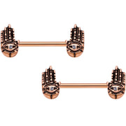 9/16 Clear Gem Rose Gold Tone Hamsa Hand Barbell Nipple Ring Set