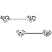14G 5/8 Clear Gem Wrapped Hearts Barbell Nipple Ring Set