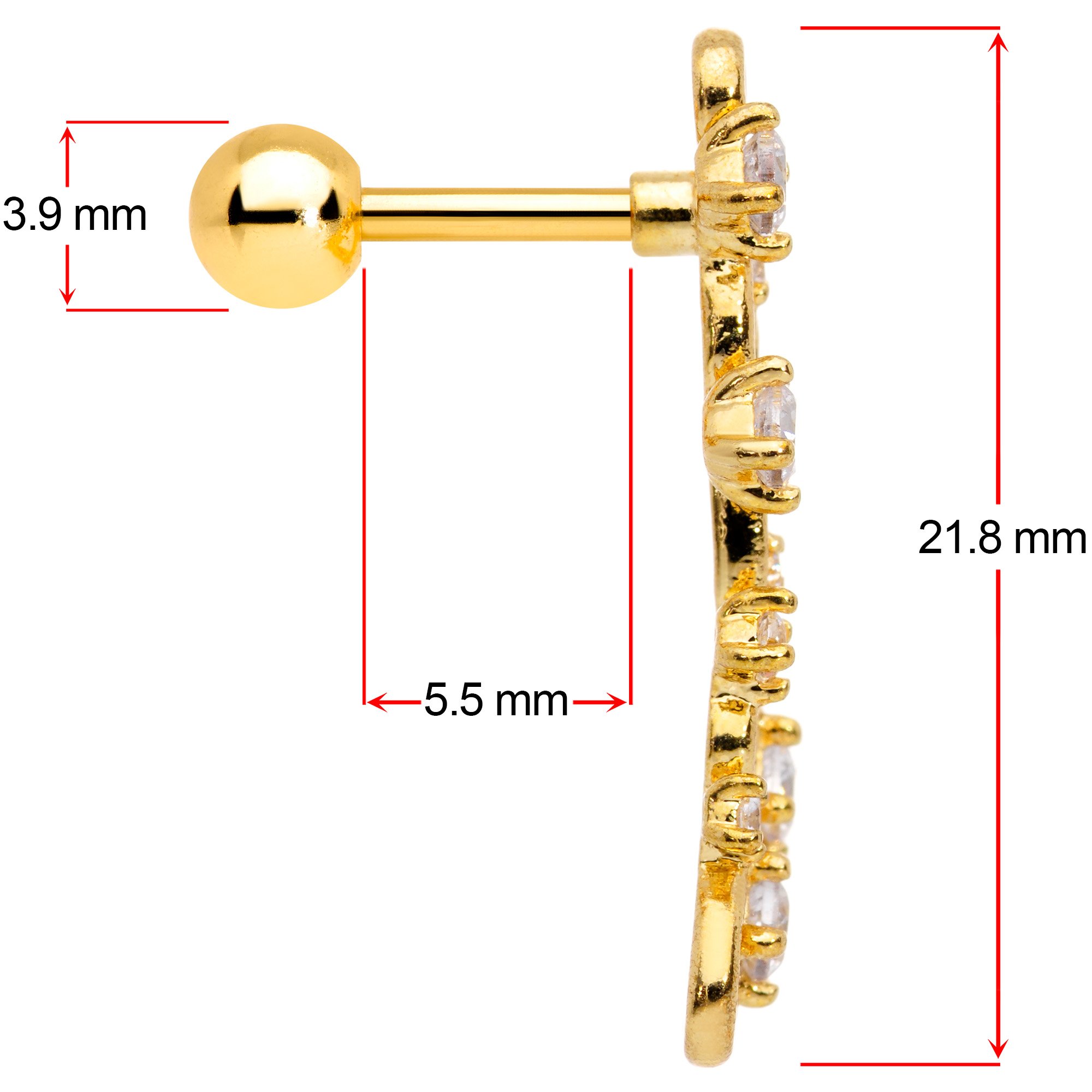16G 1/4 Clear CZ Gem Gold Hue Cascade Left Ear Cartilage Earring
