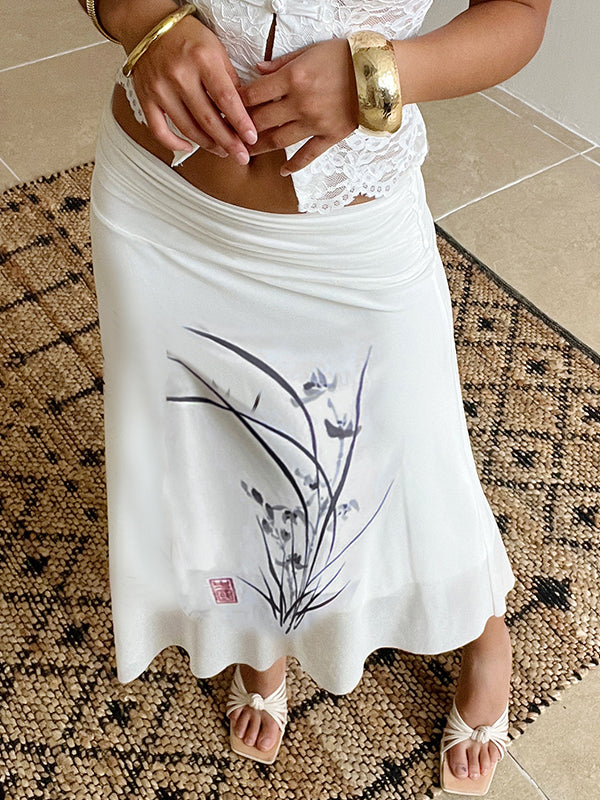 Floral-Print Tulle Maxi Skirt