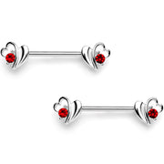 14G 9/16 Red Gem Love Wave Barbell Nipple Ring Set