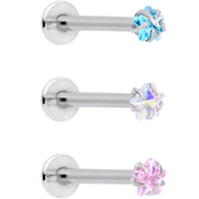 16G 3/8 Clear Pink Blue Star CZ Gem Labret Tragus Set of 3