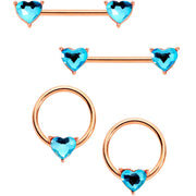 14G Aqua Gem Heart Rose Gold Tone BCR Barbell Nipple Ring Set of 4