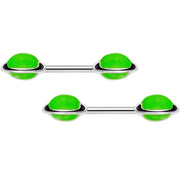 14G 9/16 Green Glow in the Dark Saturn Barbell Nipple Ring Set