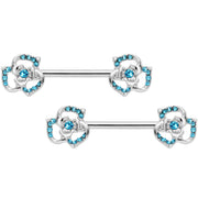 14G 9/16 Blue Gem Rose Flower Barbell Nipple Ring Set