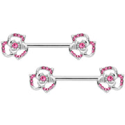 14G 9/16 Pink Gem Rose Flower Barbell Nipple Ring Set