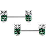 14G 9/16 Green Happy Holiday Hoot Owl Barbell Nipple Ring Set