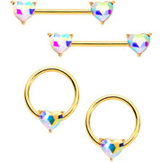14G Aurora Heart Gem Gold Tone BCR Barbell Nipple Ring Set