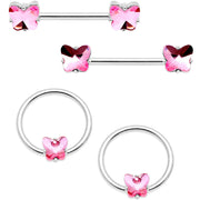 14G 9/16 1/2 Pink Butterfly Gem BCR Barbell Nipple Ring Set