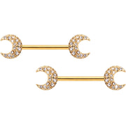 14G 9/16 Clear Gem Gold Tone Crescent Moon Barbell Nipple Ring Set