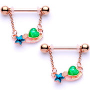 Blue Green Gem Rose Gold Tone Star Heart Dangle Barbell Nipple Ring Set