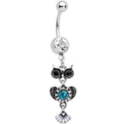 Clear Gem Real Turquoise Stone Southwestern Wise Owl Dangle Belly Ring