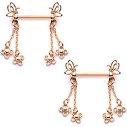 9/16 Clear Gem Rose Gold Tone Butterfly Dangle Barbell Nipple Ring Set