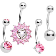 Pink Gem Valentines Day Sunburst Heart Belly Ring Set of 4