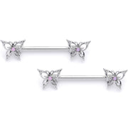 14G 9/16 Pink Faux Opal Lacy Butterfly Barbell Nipple Ring Set