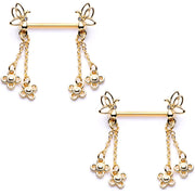 9/16 Clear Gem Gold Tone Butterfly Dangle Barbell Nipple Ring Set