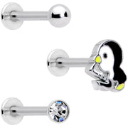 16G 5/16 Clear Gem Winter Penguin Labret Monroe Tragus Set of 3
