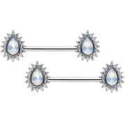 14G Clear CZ Gem White Faux Opal Tear Barbell Nipple Ring Set