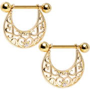 14G 9/16 Clear CZ Gem Gold Tone Abstract Heart Nipple Shield Set