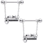 14G 5/8 Black Gem Nap Cat Dangle Nipple Ring Set