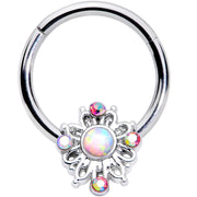 16G 3/8 White Synthetic Opal Aurora Gem Crest Hinged Segment Ring