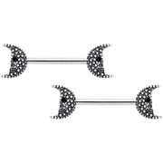 14G 9/16 Black Gem Skull Crescent Moon Barbell Nipple Ring Set