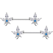 14G 9/16 Clear Blue CZ Gem Marijuana Leaf Barbell Nipple Ring Set