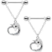14G 5/8 Clear Gem Unicorn Heart Dangle Barbell Nipple Ring Set