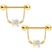 14G 5/8 Clear Gem Gold Tone Cube Dangle Nipple Ring Set