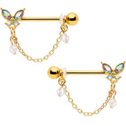 14G 5/8 Aurora Gem Gold Tone Butterfly Dangle Nipple Ring Set