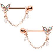 14G 5/8 Aurora Gem Rose Gold Tone Butterfly Dangle Nipple Ring Set