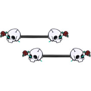 14G 9/16 Black PVD Rose Scary Skull Halloween Nipple Ring Set