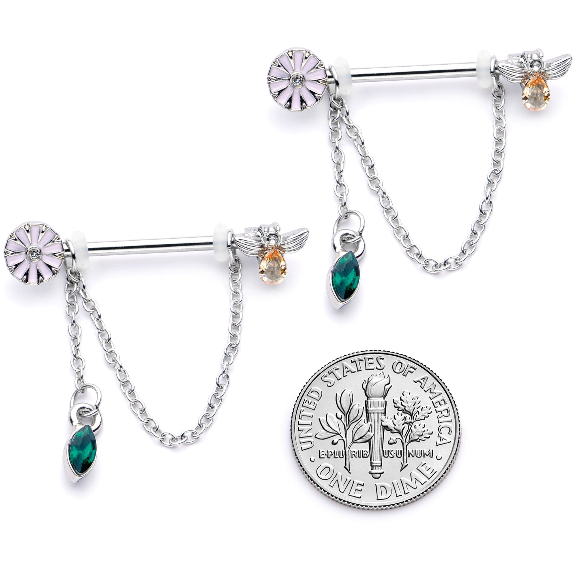 14G 5/8 Green Yellow Gem Flower Bee Dangle Nipple Ring Set