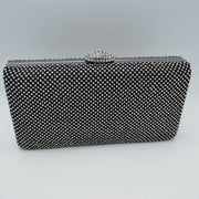 Grid Patterned Box Clutch with Jeweled Dome Clasp
