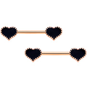 14G 9/16 Rose Gold Tone Black Heart Barbell Nipple Ring Set