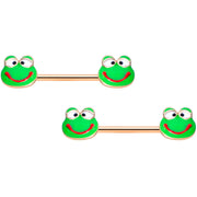14G 9/16 Rose Gold Tone Green Goofy Frog Barbell Nipple Ring Set