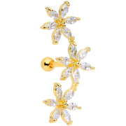 16G 1/4 Clear CZ Gem Gold Tone Tri Flower Cartilage