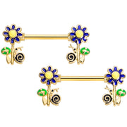 14G 9/16 Gold Tone Snail Flower Barbell Nipple Ring Set