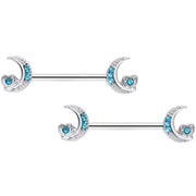 14G 9/16 Blue CZ Gem Crescent Moon Heart Barbell Nipple Ring Set