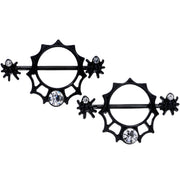 14G 24mm Clear Gem Spider Web Halloween Nipple Shield Set